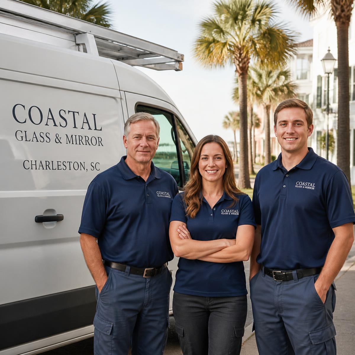 E Glass Company family-owned team standing beside their work van in Charleston, SC